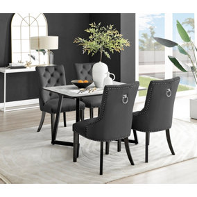 Carson 4 Seater White Marble Effect Rectangular Scratch Resistant Dining Table with 4 Black Belgravia Velvet Black Leg Chairs