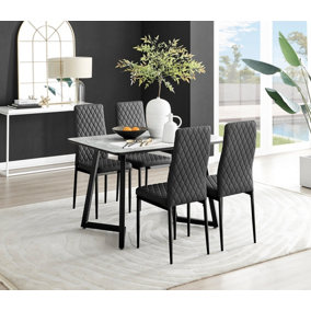 Carson 4 Seater White Marble Effect Rectangular Scratch Resistant Dining Table with 4 Black Milan Faux Leather Black Leg Chairs
