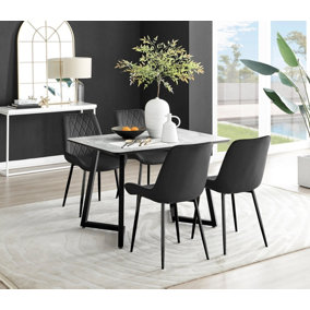Carson 4 Seater White Marble Effect Rectangular Scratch Resistant Dining Table with 4 Black Pesaro Velvet Black Leg Chairs