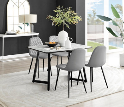 Carson 4 Seater White Marble Effect Rectangular Scratch Resistant Dining Table with 4 Grey Corona Faux Leather Black Leg Chairs
