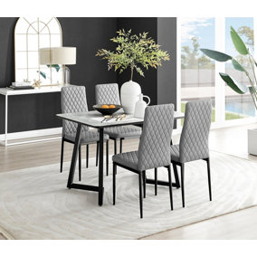 Carson 4 Seater White Marble Effect Rectangular Scratch Resistant Dining Table with 4 Grey Milan Faux Leather Black Leg Chairs