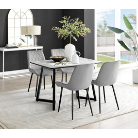 Carson 4 Seater White Marble Effect Rectangular Scratch Resistant Dining Table with 4 Grey Pesaro Velvet Black Leg Chairs