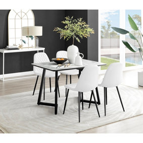 Carson 4 Seater White Marble Effect Rectangular Scratch Resistant Dining Table with 4 White Corona Faux Leather Black Leg Chairs