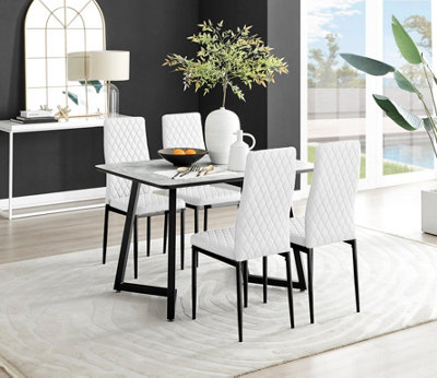 Carson 4 Seater White Marble Effect Rectangular Scratch Resistant Dining Table with 4 White Milan Faux Leather Black Leg Chairs