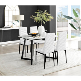 Carson 4 Seater White Marble Effect Rectangular Scratch Resistant Dining Table with 4 White Milan Faux Leather Black Leg Chairs