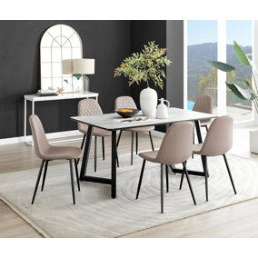 Carson 6 Seater White Marble Effect Rectangular Scratch Resistant Dining Table with 6 Beige Corona Faux Leather Black Leg Chairs