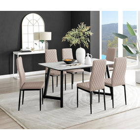 Carson 6 Seater White Marble Effect Rectangular Scratch Resistant Dining Table with 6 Beige Milan Faux Leather Black Leg Chairs