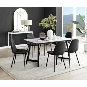 Carson 6 Seater White Marble Effect Rectangular Scratch Resistant Dining Table with 6 Black Corona Faux Leather Black Leg Chairs