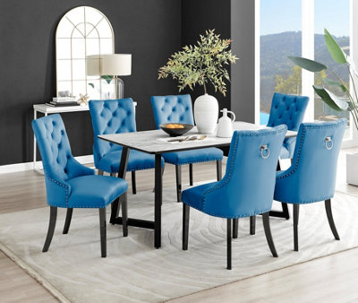 Carson 6 Seater White Marble Effect Rectangular Scratch Resistant Dining Table with 6 Blue Belgravia Velvet Black Leg Chairs