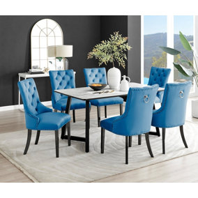 Carson 6 Seater White Marble Effect Rectangular Scratch Resistant Dining Table with 6 Blue Belgravia Velvet Black Leg Chairs