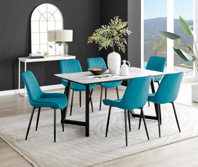 Carson 6 Seater White Marble Effect Rectangular Scratch Resistant Dining Table with 6 Blue Pesaro Velvet Black Leg Chairs