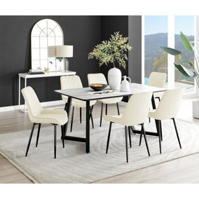Carson 6 Seater White Marble Effect Rectangular Scratch Resistant Dining Table with 6 Cream Pesaro Velvet Black Leg Chairs
