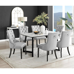 Carson 6 Seater White Marble Effect Rectangular Scratch Resistant Dining Table with 6 Grey Belgravia Velvet Black Leg Chairs
