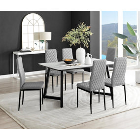 Carson 6 Seater White Marble Effect Rectangular Scratch Resistant Dining Table with 6 Grey Milan Faux Leather Black Leg Chairs