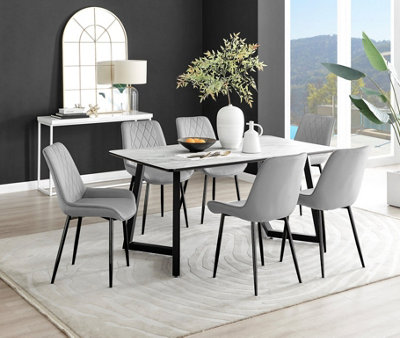 Carson 6 Seater White Marble Effect Rectangular Scratch Resistant Dining Table with 6 Grey Pesaro Velvet Black Leg Chairs