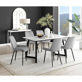 Carson 6 Seater White Marble Effect Rectangular Scratch Resistant Dining Table with 6 Grey Pesaro Velvet Black Leg Chairs