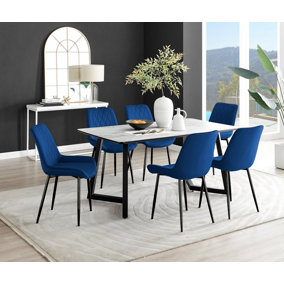 Carson 6 Seater White Marble Effect Rectangular Scratch Resistant Dining Table with 6 Navy Pesaro Velvet Black Leg Chairs