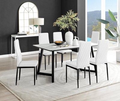 Carson 6 Seater White Marble Effect Rectangular Scratch Resistant Dining Table with 6 White Milan Faux Leather Black Leg Chairs
