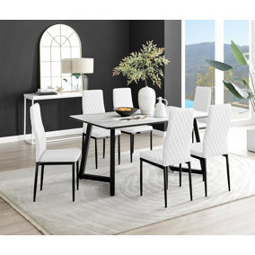 Carson 6 Seater White Marble Effect Rectangular Scratch Resistant Dining Table with 6 White Milan Faux Leather Black Leg Chairs