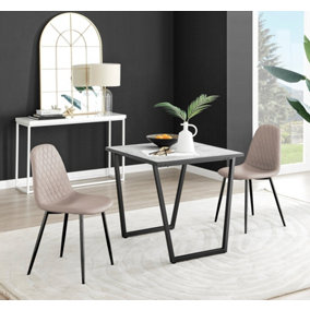 Carson Small 2 Seater White Marble Effect Square Scratch Resistant Dining Table with 2 Beige Corona Faux Leather Black Leg Chairs