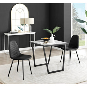 Carson Small 2 Seater White Marble Effect Square Scratch Resistant Dining Table with 2 Black Corona Faux Leather Black Leg Chairs