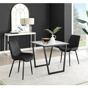 Carson Small 2 Seater White Marble Effect Square Scratch Resistant Dining Table with 2 Black Pesaro Velvet Black Leg Chairs