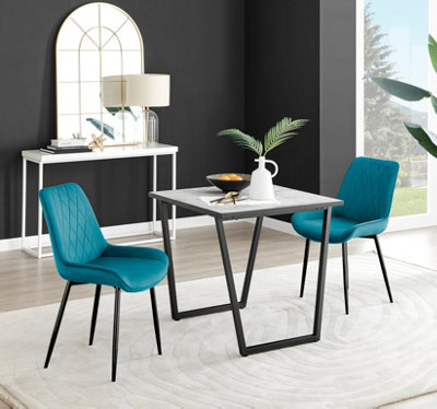 Carson Small 2 Seater White Marble Effect Square Scratch Resistant Dining Table with 2 Blue Pesaro Velvet Black Leg Chairs