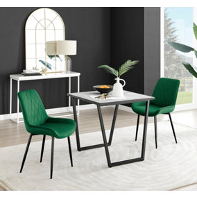 Carson Small 2 Seater White Marble Effect Square Scratch Resistant Dining Table with 2 Green Pesaro Velvet Black Leg Chairs