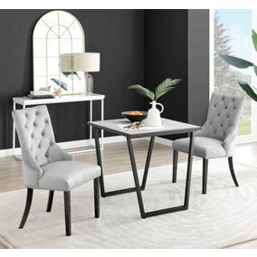 Carson Small 2 Seater White Marble Effect Square Scratch Resistant Dining Table with 2 Grey Belgravia Velvet Black Leg Chairs