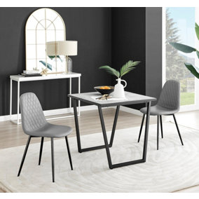 Carson Small 2 Seater White Marble Effect Square Scratch Resistant Dining Table with 2 Grey Corona Faux Leather Black Leg Chairs