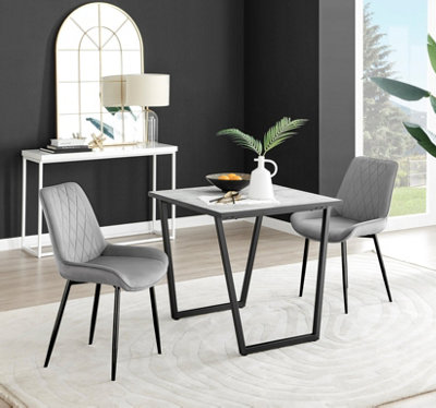 Carson Small 2 Seater White Marble Effect Square Scratch Resistant Dining Table with 2 Grey Pesaro Velvet Black Leg Chairs