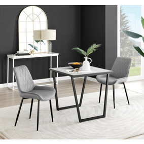 Carson Small 2 Seater White Marble Effect Square Scratch Resistant Dining Table with 2 Grey Pesaro Velvet Black Leg Chairs