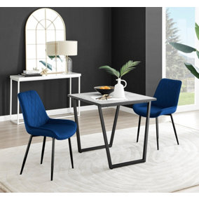 Carson Small 2 Seater White Marble Effect Square Scratch Resistant Dining Table with 2 Navy Pesaro Velvet Black Leg Chairs