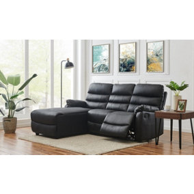 Carter 3 Seater Sofa With Left-Hand Chaise and Right-Hand Recliner, Black Faux Leather