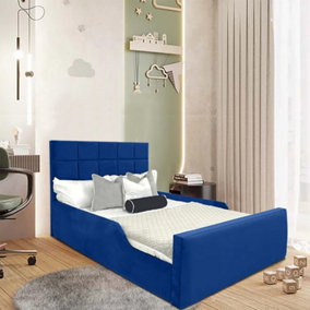 Carter Kids Bed Gaslift Ottoman Plush Velvet with Safety Siderails- Blue