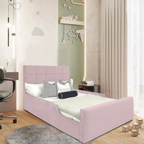 Carter Kids Bed Gaslift Ottoman Plush Velvet with Safety Siderails- Pink