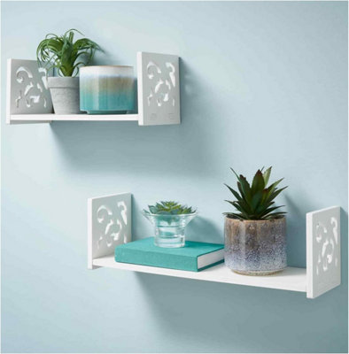 Carved Design Set of 2 U Shape White Floating Shelves Shelving Unit Wall Bookshelves Storage Shelf