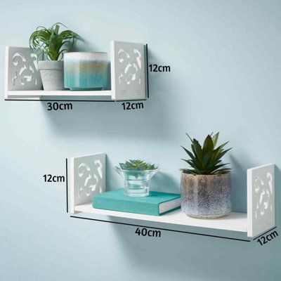 Carved Design Set of 2 U Shape White Floating Shelves Shelving Unit Wall Bookshelves Storage Shelf