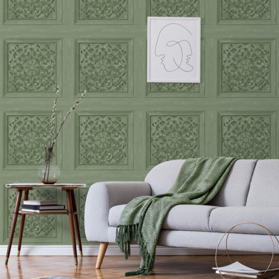 Carved Panel Sage Green Wallpaper