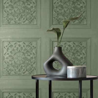 Carved Panel Sage Green Wallpaper
