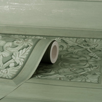 Carved Panel Sage Green Wallpaper