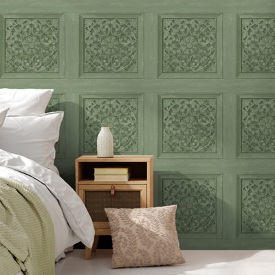 Carved Panel Sage Green Wallpaper