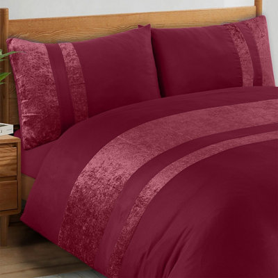 Casabella Luxury Crushed Velvet Panel Band Duvet Cover Sets with Pillow Case King Duvet Cover Bedding Set Burgundy