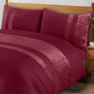 Casabella Luxury Crushed Velvet Panel Band Duvet Cover Sets with Pillow Case King Duvet Cover Bedding Set Burgundy