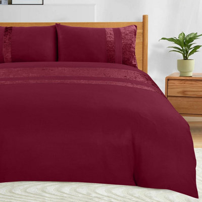 Casabella Luxury Crushed Velvet Panel Band Duvet Cover Sets with Pillow Case King Duvet Cover Bedding Set Burgundy