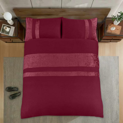 Casabella Luxury Crushed Velvet Panel Band Duvet Cover Sets with Pillow Case King Duvet Cover Bedding Set Burgundy