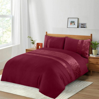 Casabella Luxury Crushed Velvet Panel Band Duvet Cover Sets with Pillow Case King Duvet Cover Bedding Set Burgundy