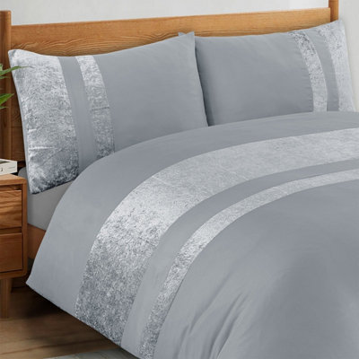 Casabella Luxury Crushed Velvet Panel Band Duvet Cover Sets with Pillow Case Super King Duvet Cover Bedding Set Silver