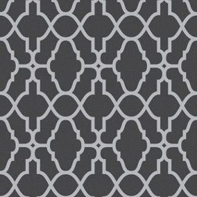 Casablanca Trellis Fretwork Wallpaper - Black and Silver- Rasch 309348