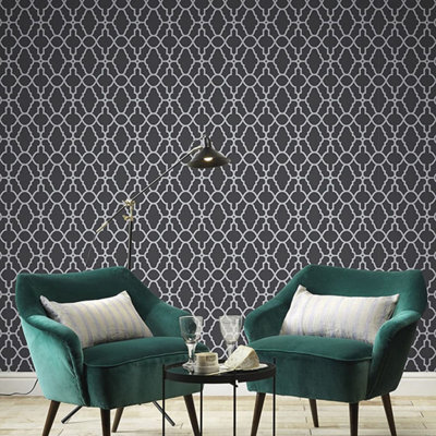 Casablanca Trellis Fretwork Wallpaper - Black and Silver- Rasch